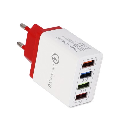 Incarcator retea cu 4 porturi USB, 3.1 Amperi pe fiecare port, alb cu rosu