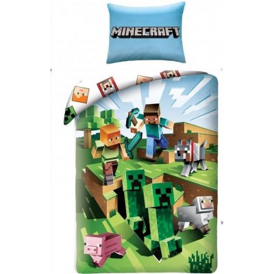 Set 2 piese lenjerie pat Minecraft, poliester si bumbac, dimensiune 140 cm x 200 cm