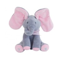 Jucarie interactiva Elefant Peek a Boo, canta si vorbeste, culoare gri cu roz, limba engleza