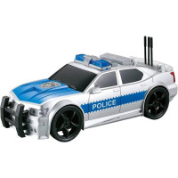Masina de politie de jucarie, interactiva, cu sunet si lumini, gri cu albastru, lungime 19 cm, inaltime 6 cm